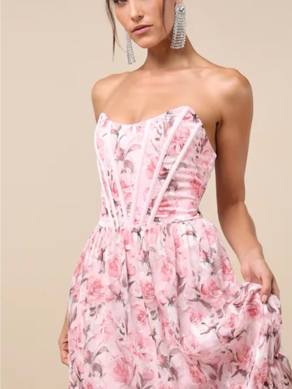 Lulu's Pink Floral Strapless Bustier Maxi Dress - Picture 4 of 5